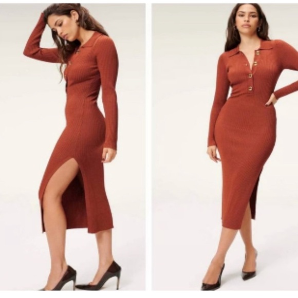 Good American Collared Long Sleeve Ribbed Midi Dress size 00/0 Brick - Picture 6 of 7